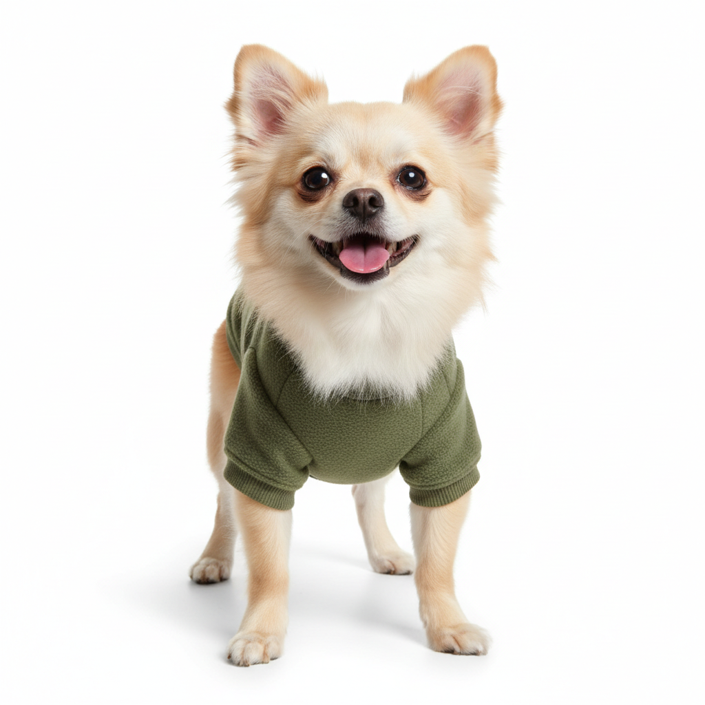 小型犬がグリーンのフリースTシャツを着用